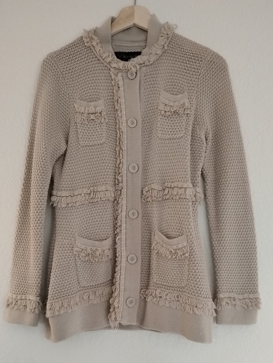 Avenue Sweaters - Neutral Beige Fringe-Trim Knit Cardigan Jacket